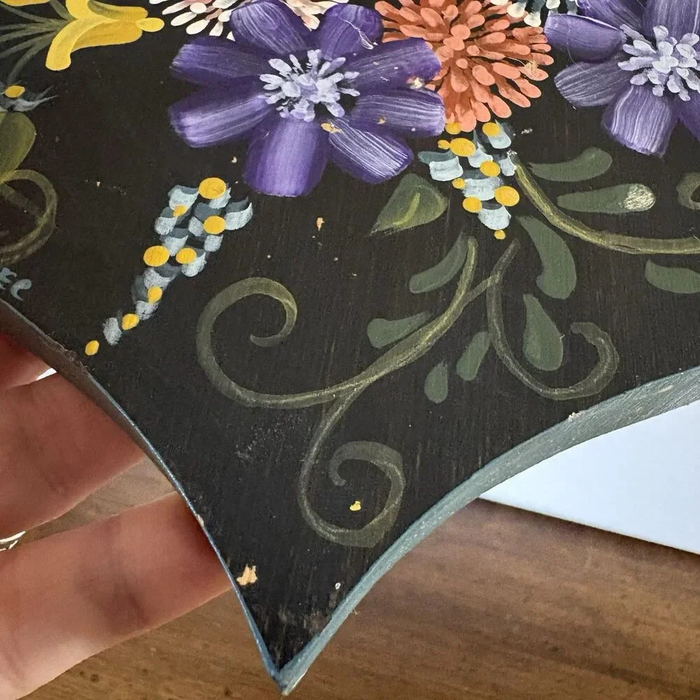 Hand Painted Tole Floral Heart Wood Plaque Black Multicolor Folk Art 8x1
